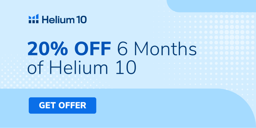 Helium 10 20% off banner.