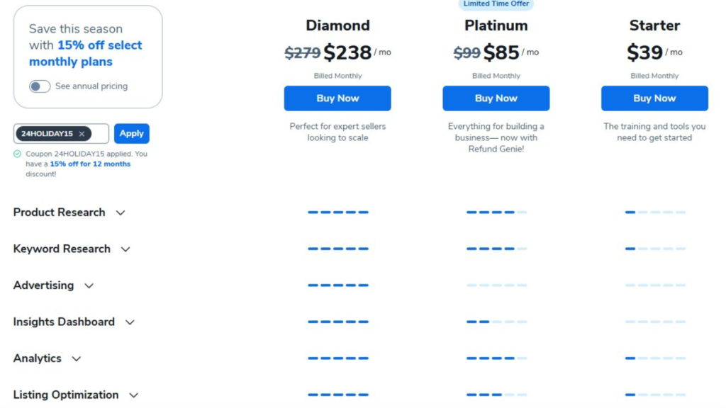 Helium 10 Pricing plans breakdown.